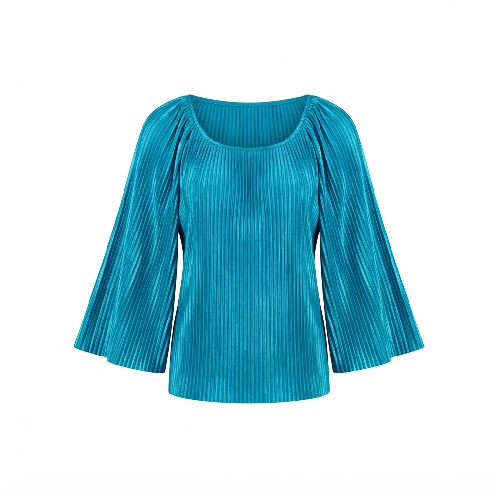Bluza dama albastra plisata cu maneci lungi evazate si decolteu rotund