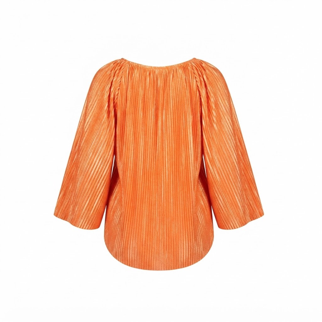 Bluza dama plisata portocalie cu maneci lungi evazate si decolteu rotund