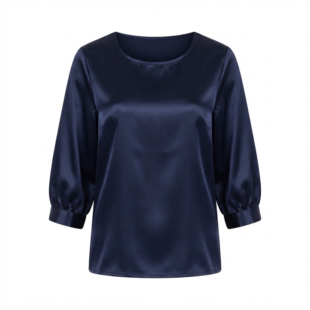 Bluza dama eleganta din satin bleumarin cu maneci trei sferturi