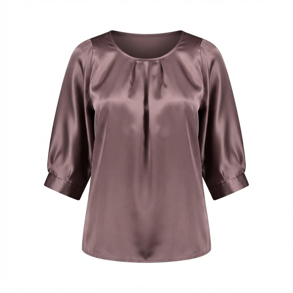 Bluza dama satin mov prafuit decolteu rotund maneci trei sferturi