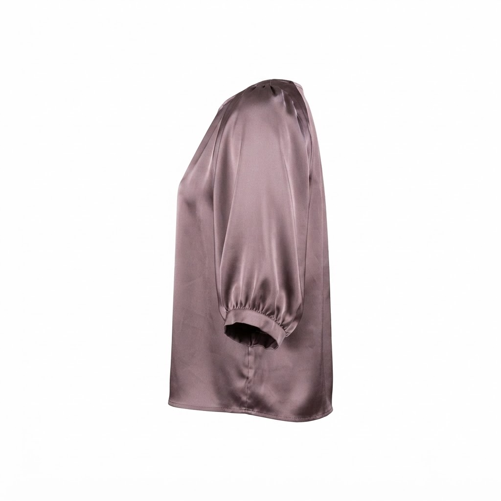Bluza dama satin mov prafuit decolteu rotund maneci trei sferturi