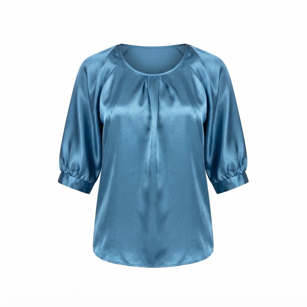 Bluza dama satinata albastra cu maneca trei sferturi si guler rotund