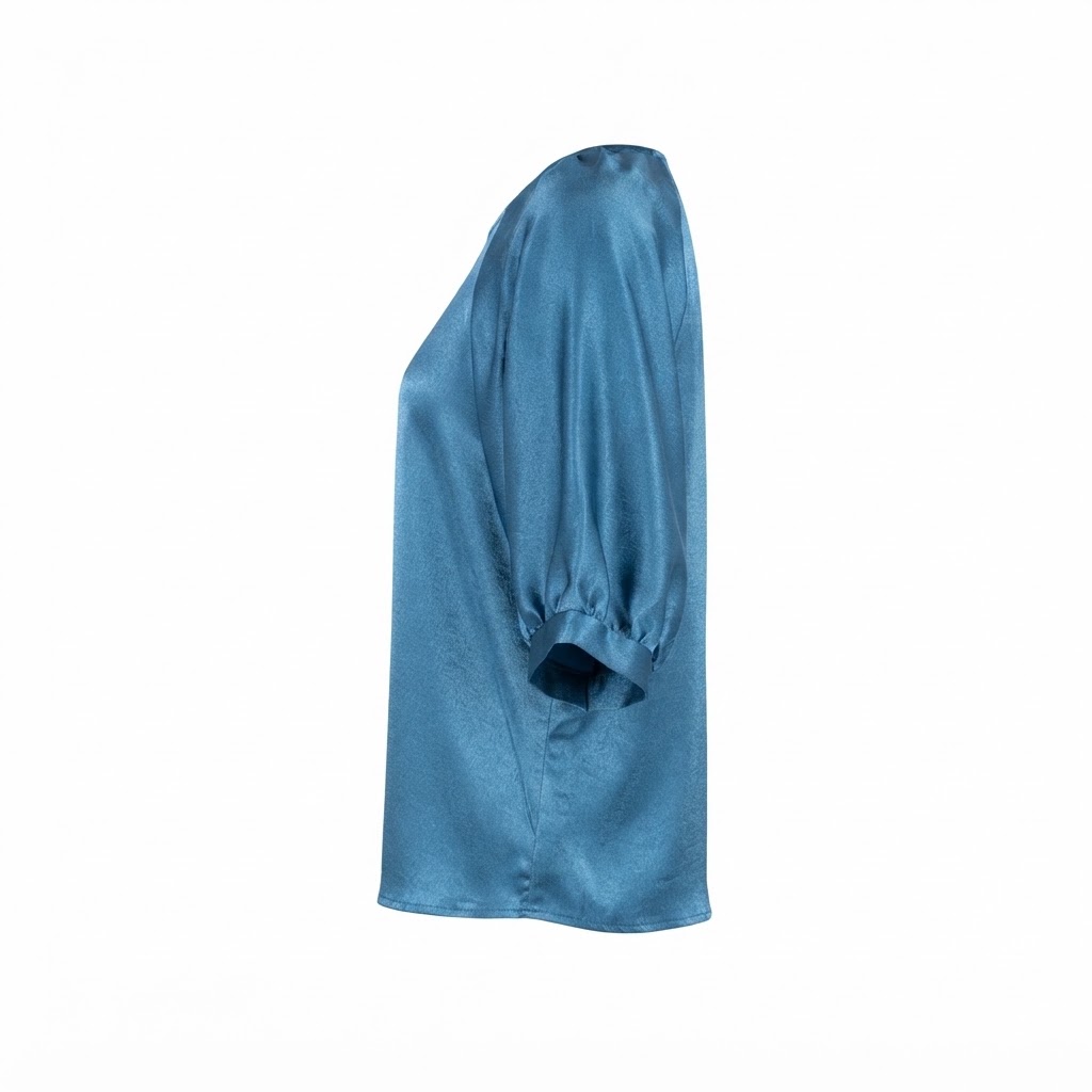 Bluza dama satinata albastra cu maneca trei sferturi si guler rotund