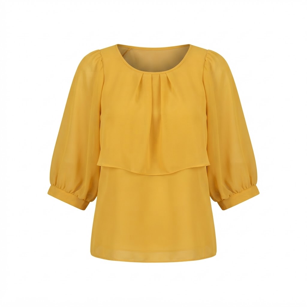 Bluza galbena dama din sifon cu maneci trei sferturi si guler rotund