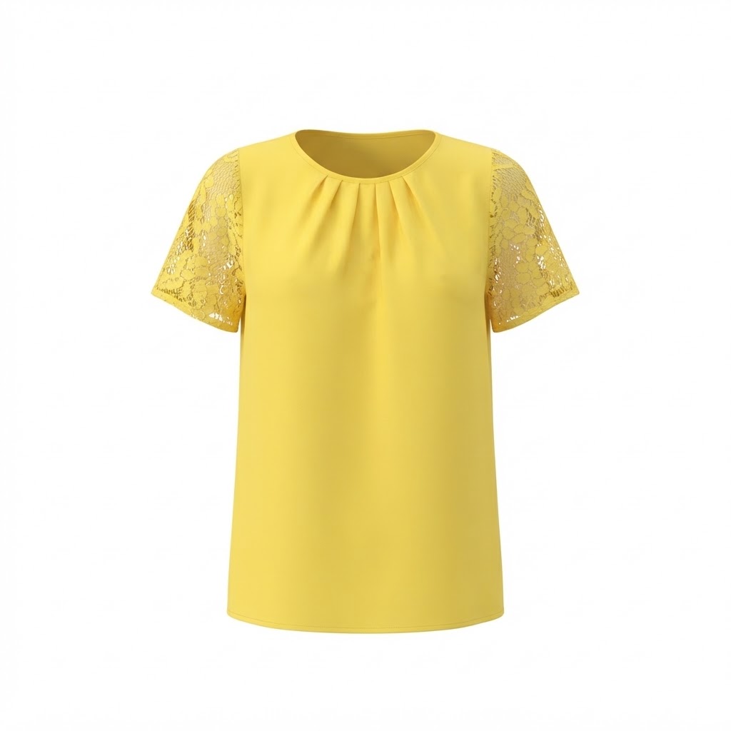 Bluza galbena dama cu maneci scurte din dantela texturata