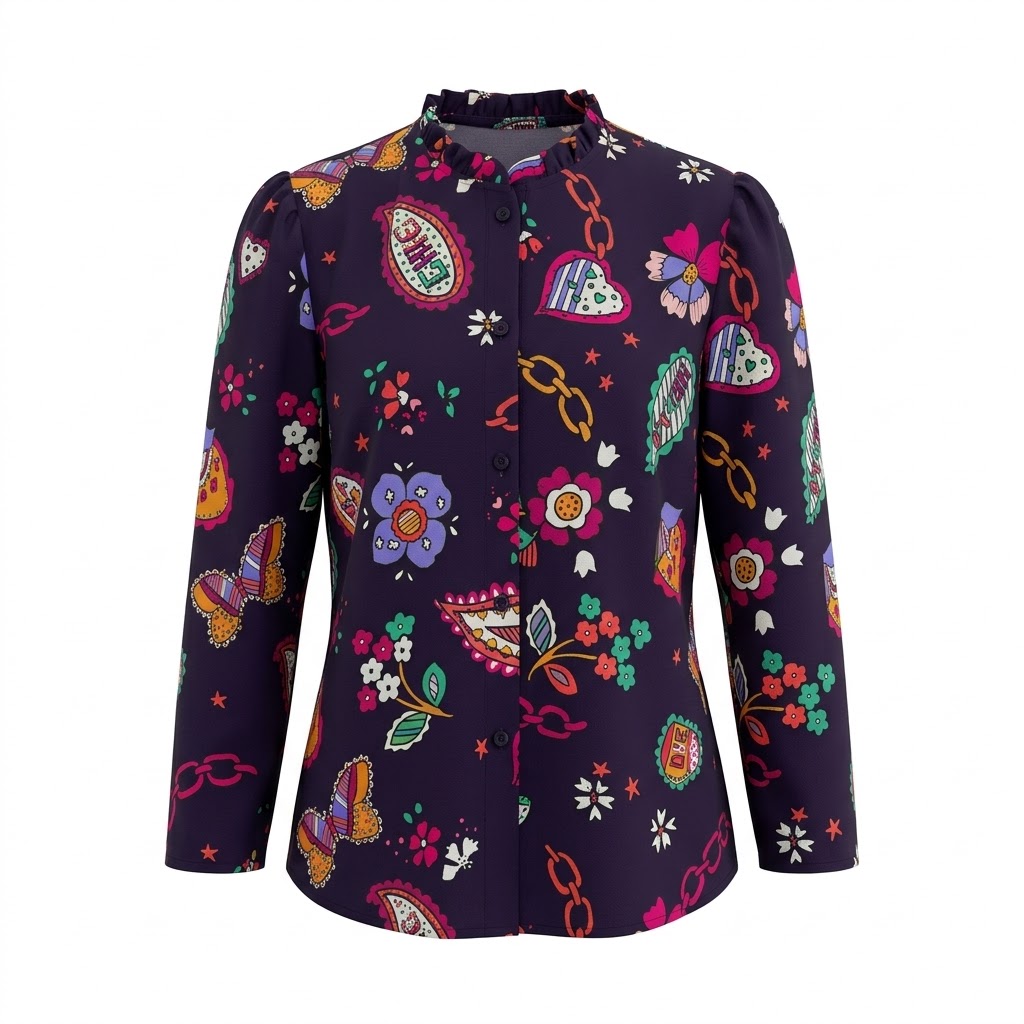 Bluza mov pentru femei cu guler incretit, nasturi si imprimeu multicolor floral si fluturi