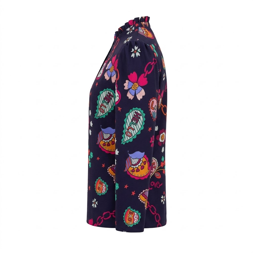 Bluza mov pentru femei cu guler incretit, nasturi si imprimeu multicolor floral si fluturi