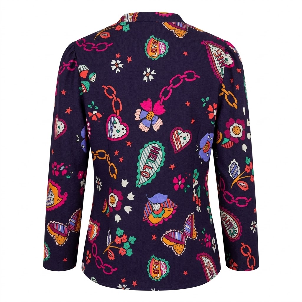 Bluza mov pentru femei cu guler incretit, nasturi si imprimeu multicolor floral si fluturi