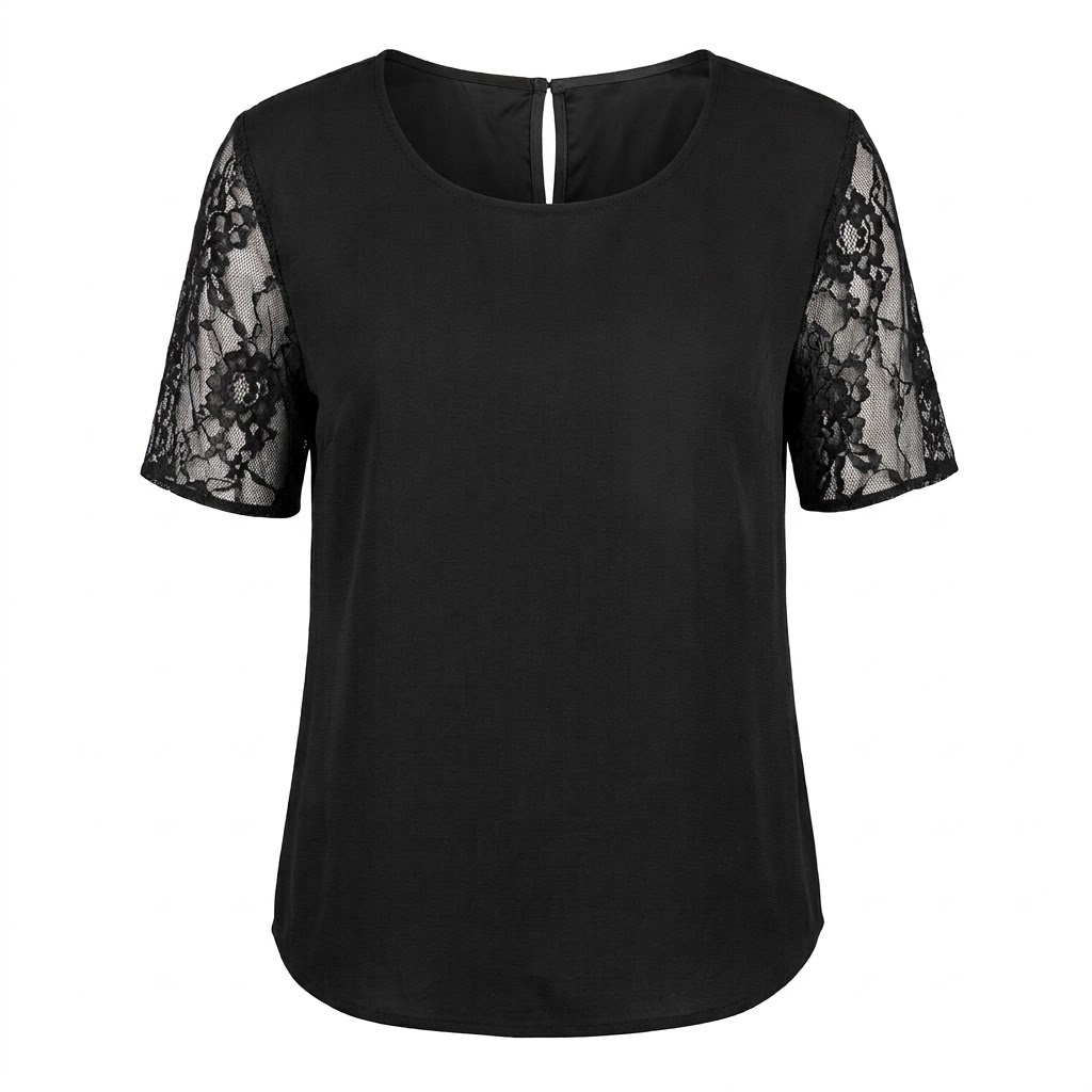 Bluza neagra dama cu maneci scurte din dantela florala transparenta si decolteu rotund