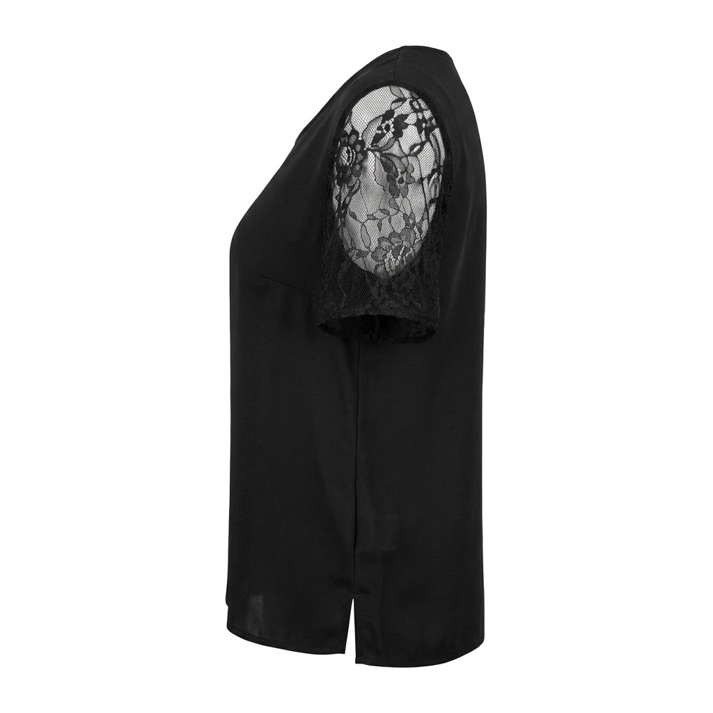 Bluza neagra dama cu maneci scurte din dantela florala transparenta si decolteu rotund