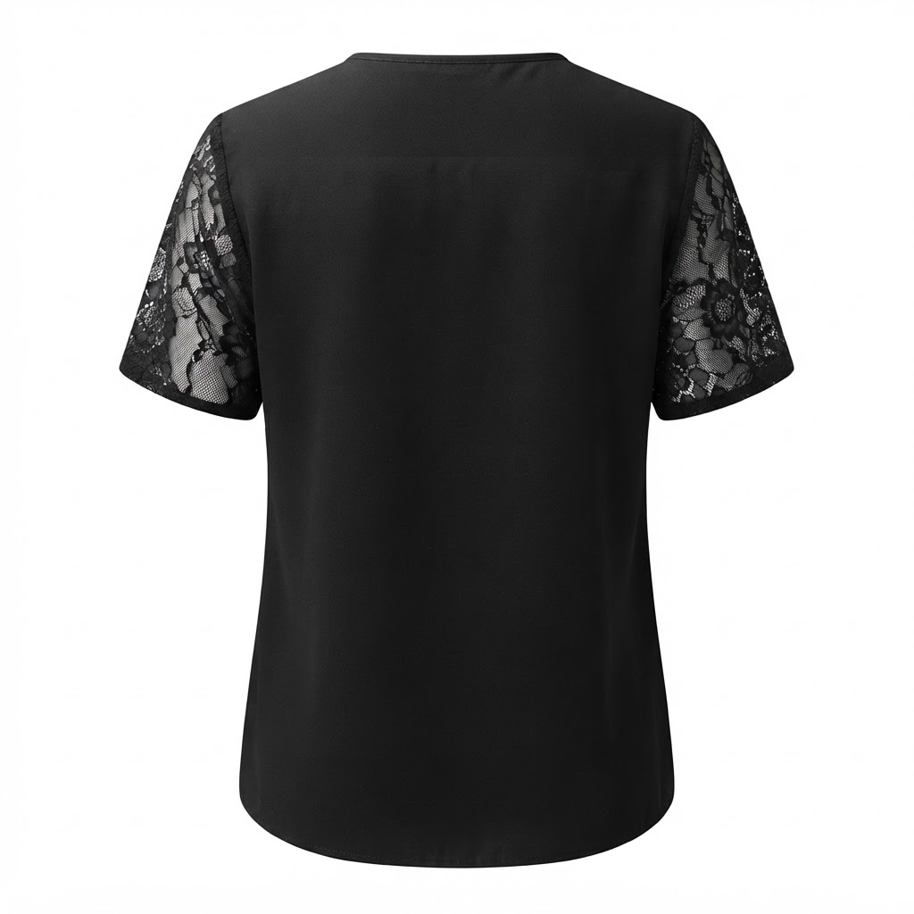Bluza neagra dama cu maneci scurte din dantela florala transparenta si decolteu rotund