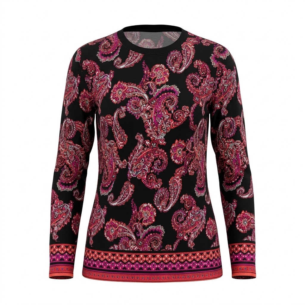Bluza neagra tricotat de dama cu model paisley si maneca lunga