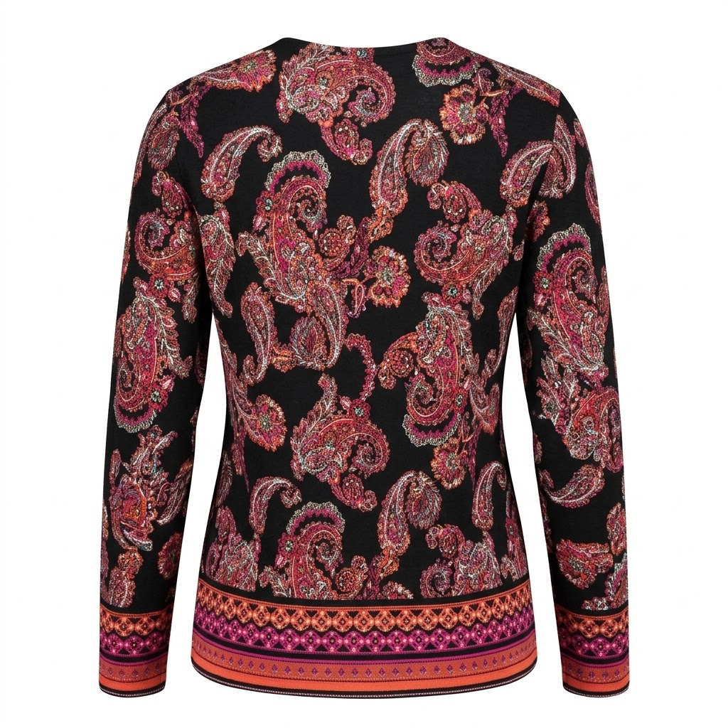 Bluza neagra tricotat de dama cu model paisley si maneca lunga
