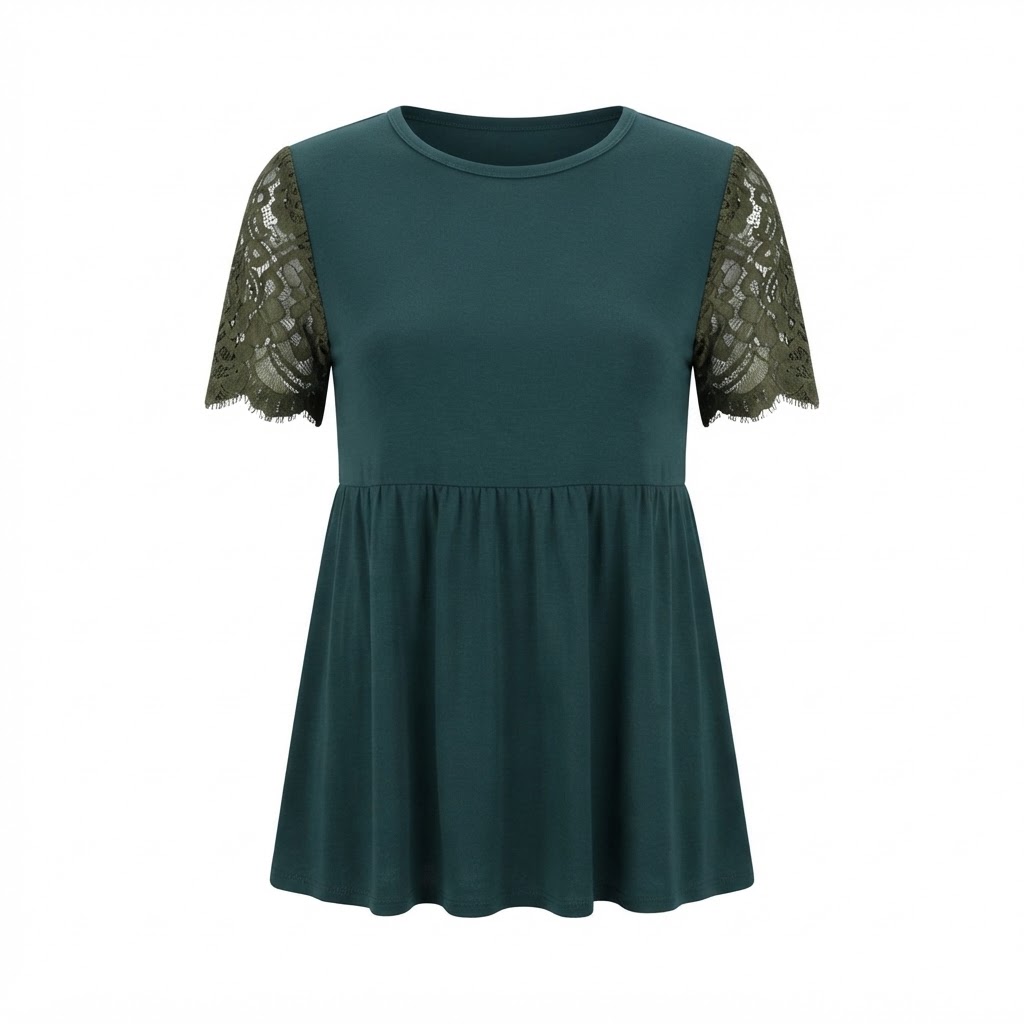 Bluza verde de dama cu maneci scurte din dantela si croiala larga