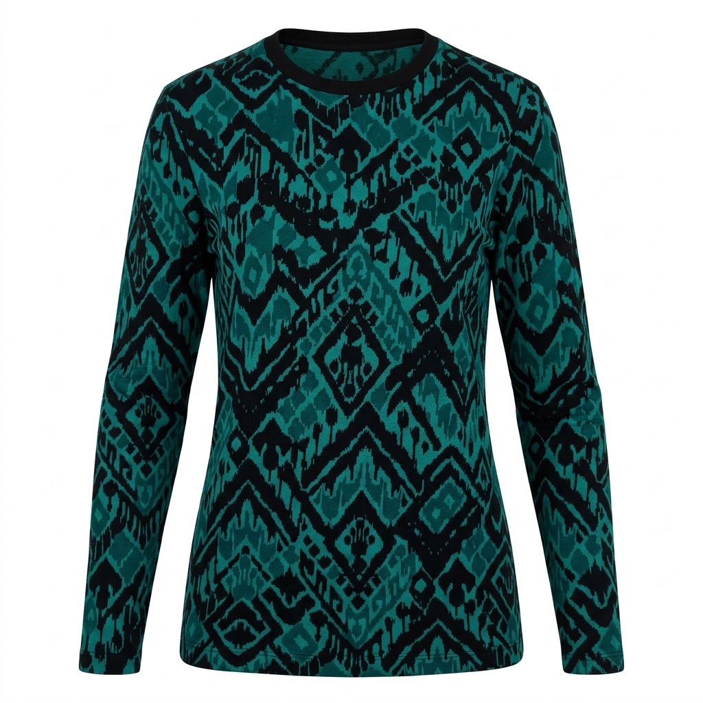 Bluza verde tricotat femei maneca lunga imprimeu geometric
