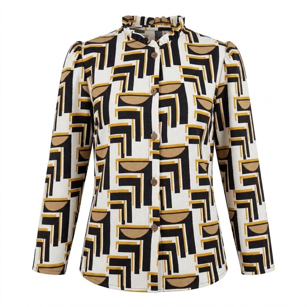 Camasa dama multicolora din bumbac cu guler plisat, nasturi si imprimeu geometric retro