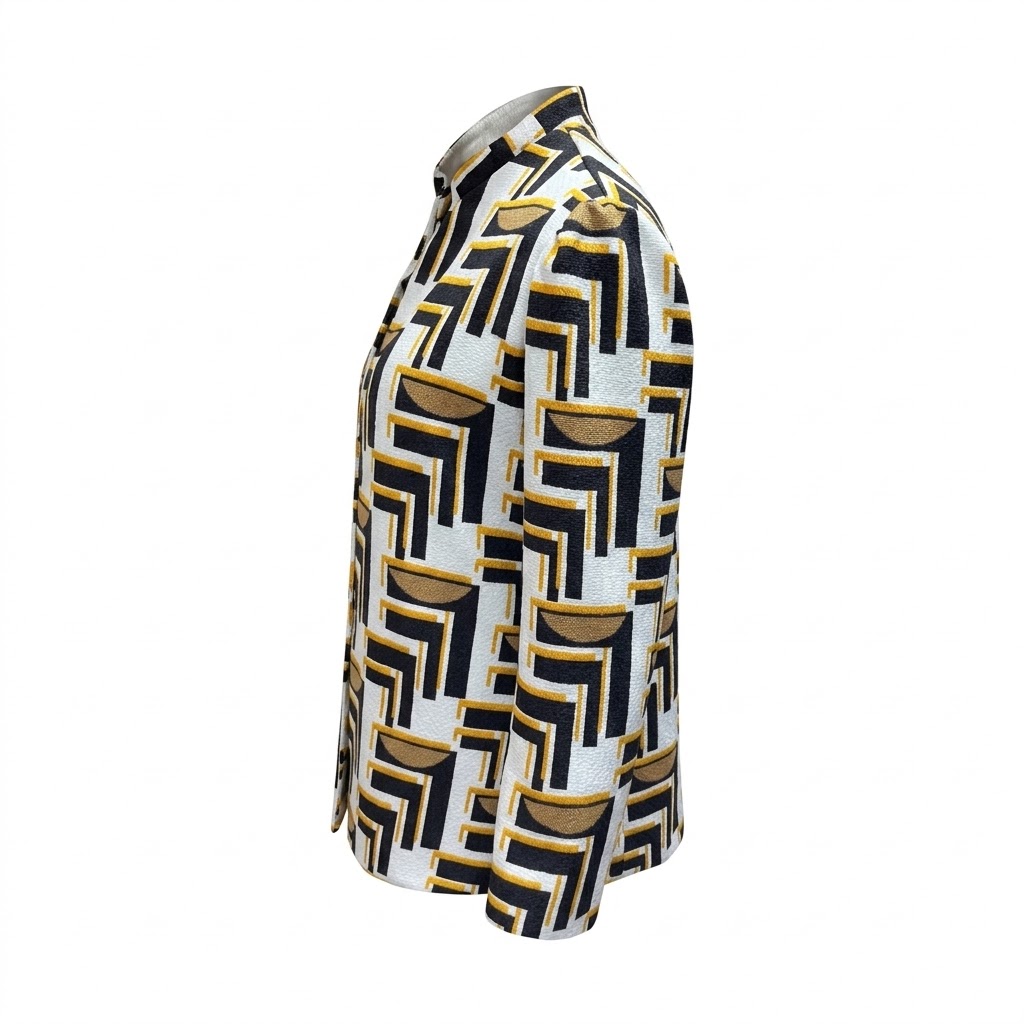 Camasa dama multicolora din bumbac cu guler plisat, nasturi si imprimeu geometric retro