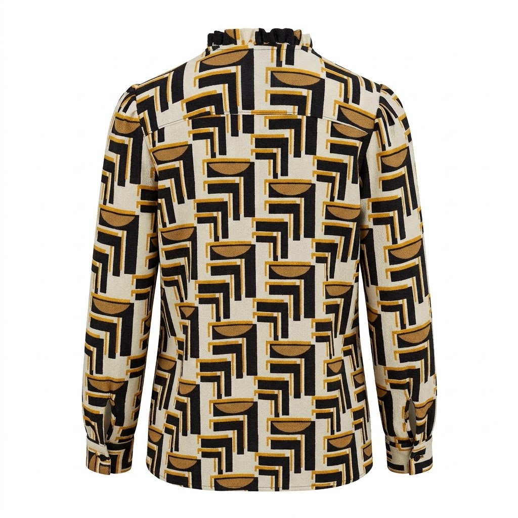 Camasa dama multicolora din bumbac cu guler plisat, nasturi si imprimeu geometric retro