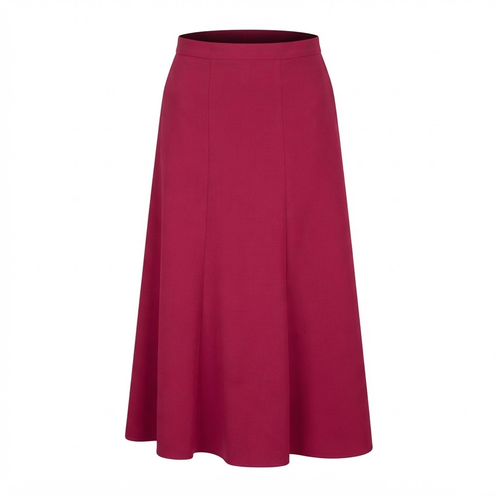 Fusta midi magenta cu talie inalta si cusaturi verticale