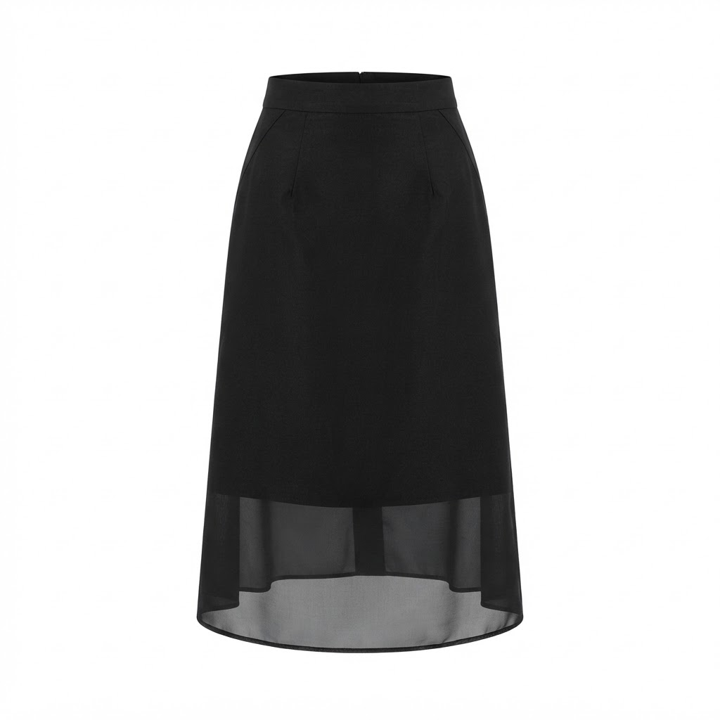 Fusta midi neagra cu talie inalta si tiv transparent din voal