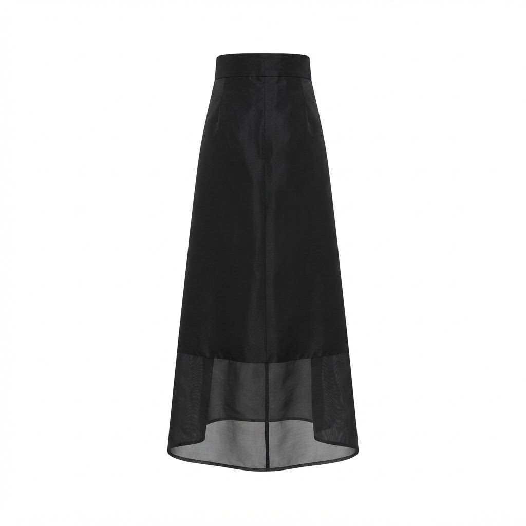 Fusta midi neagra cu talie inalta si tiv transparent din voal