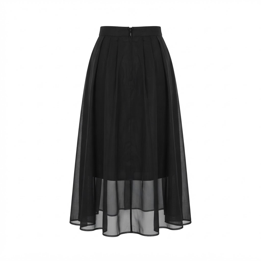 Fusta midi neagra cu talie inalta si tiv transparent din voal