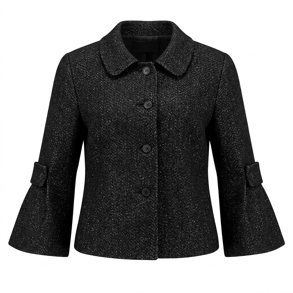 Jacheta dama neagra texturata cu guler rotund, nasturi frontali si maneci evazate