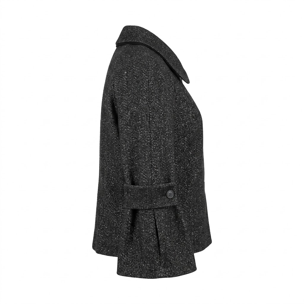 Jacheta dama neagra texturata cu guler rotund, nasturi frontali si maneci evazate