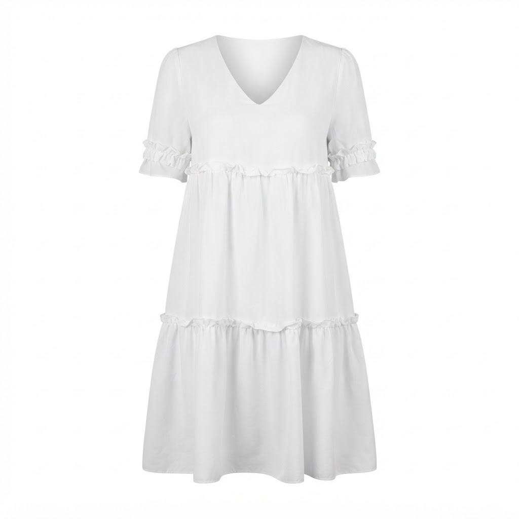 Rochie alba scurta cu maneci scurte si volane pe straturi multiple Rochie alba scurta cu maneci scurte si volane pe straturi multiple