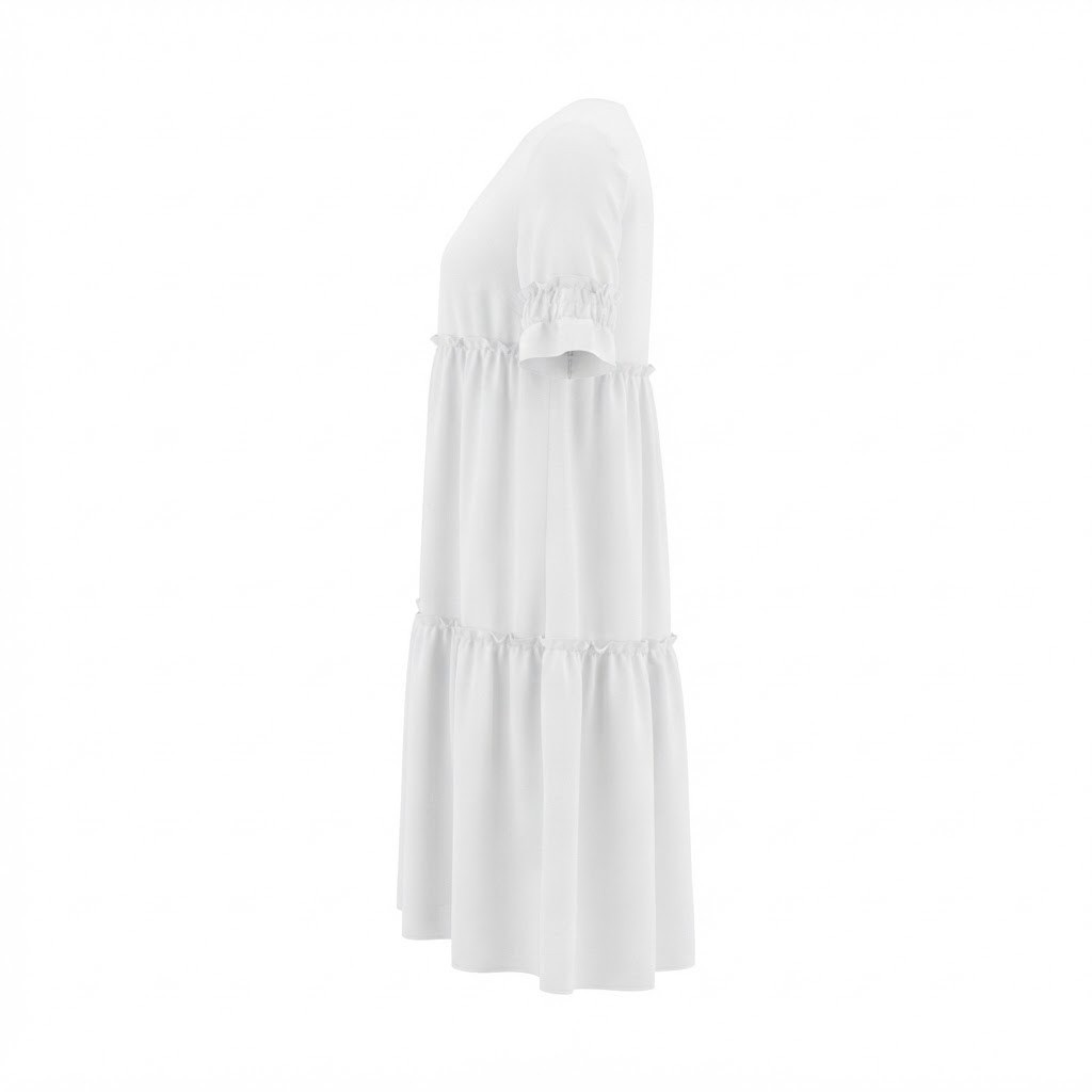 Rochie alba scurta cu maneci scurte si volane pe straturi multiple