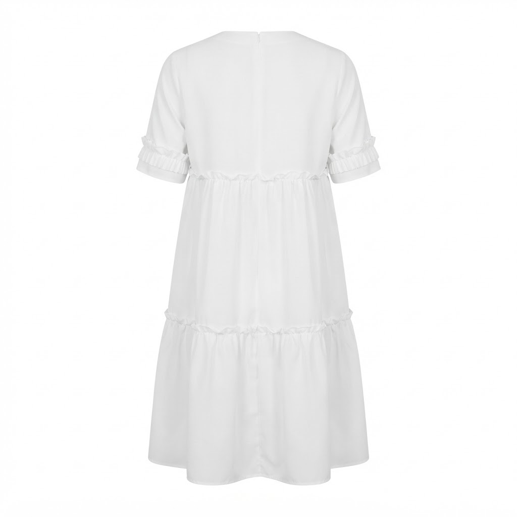 Rochie alba scurta cu maneci scurte si volane pe straturi multiple