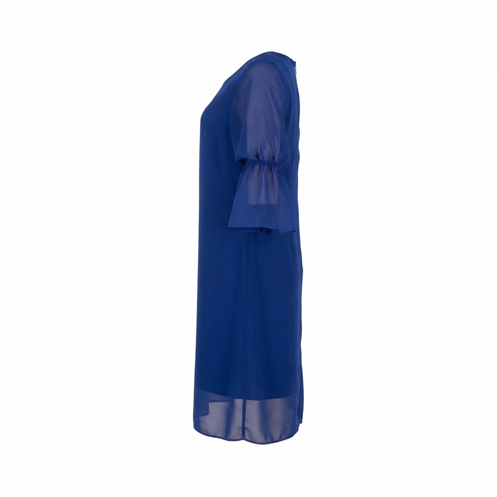 Rochie albastra de dama cu maneci evazate din material fin transparent