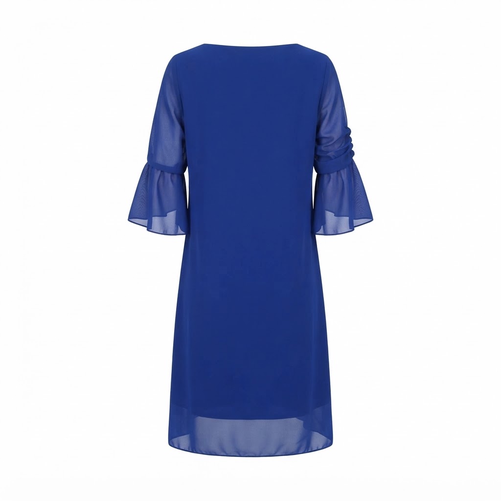 Rochie albastra de dama cu maneci evazate din material fin transparent