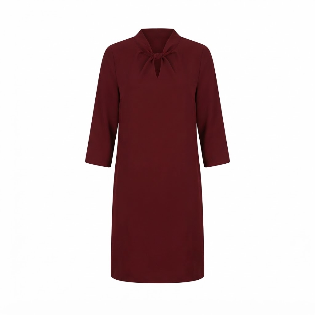 Rochie bordeaux de dama cu croiala dreapta si decolteu cu nod Rochie bordeaux de dama cu croiala dreapta si decolteu cu nod