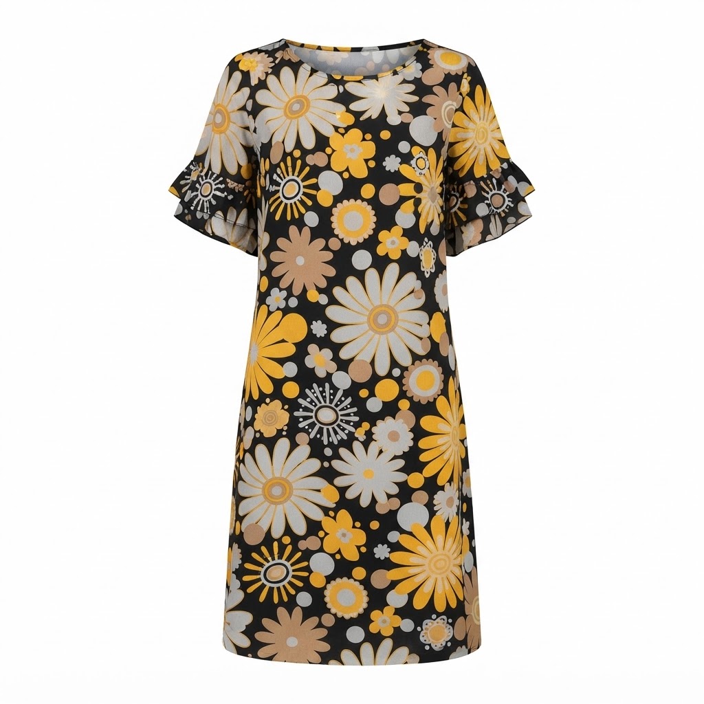 Rochie scurta neagra de dama cu imprimeu floral multicolor si maneci evazate Rochie scurta neagra de dama cu imprimeu floral multicolor si maneci evazate