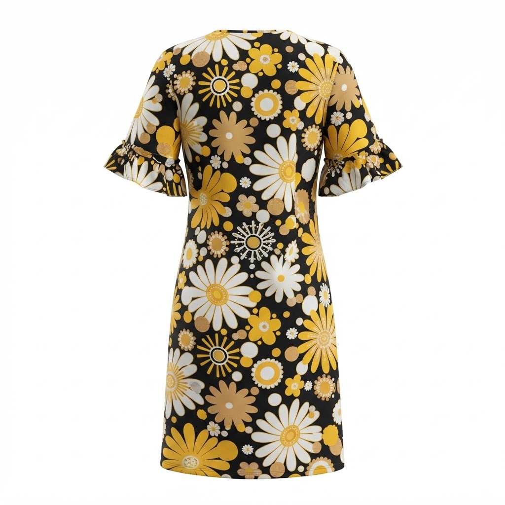 Rochie scurta neagra de dama cu imprimeu floral multicolor si maneci evazate
