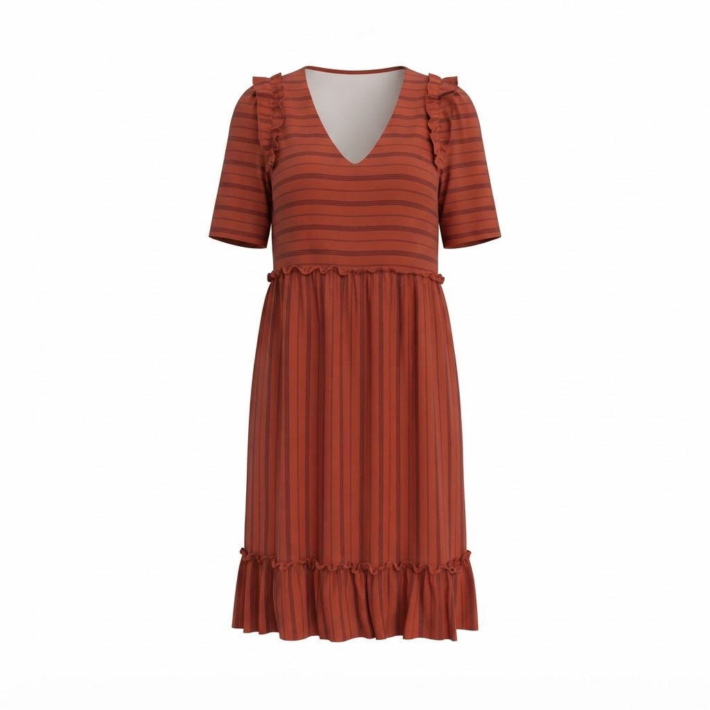 Rochie dama casual caramizie cu dungi verticale si volane Rochie dama casual caramizie cu dungi verticale si volane