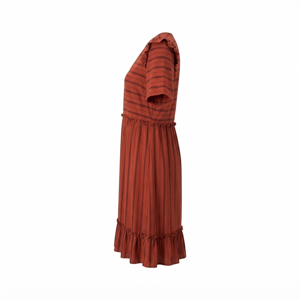 Rochie dama casual caramizie cu dungi verticale si volane