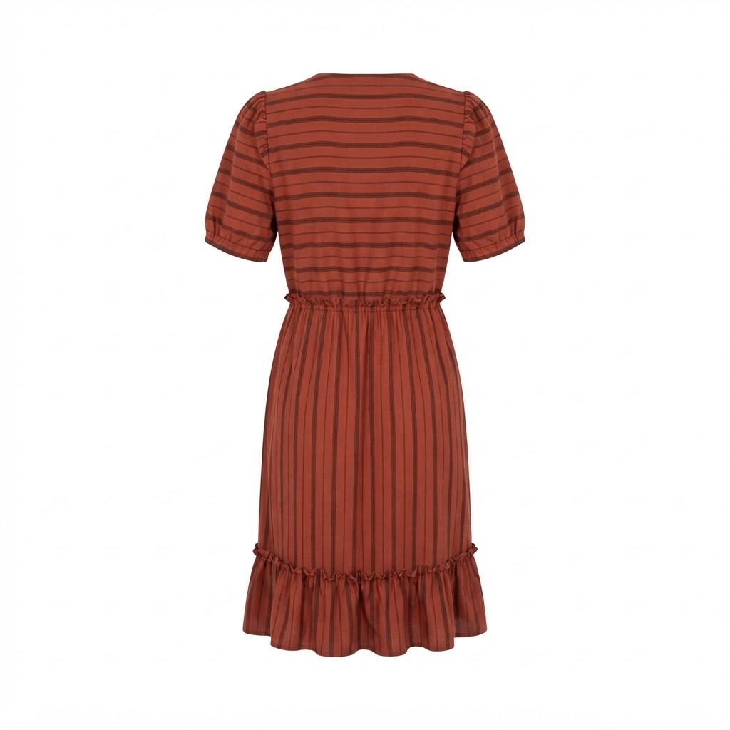 Rochie dama casual caramizie cu dungi verticale si volane