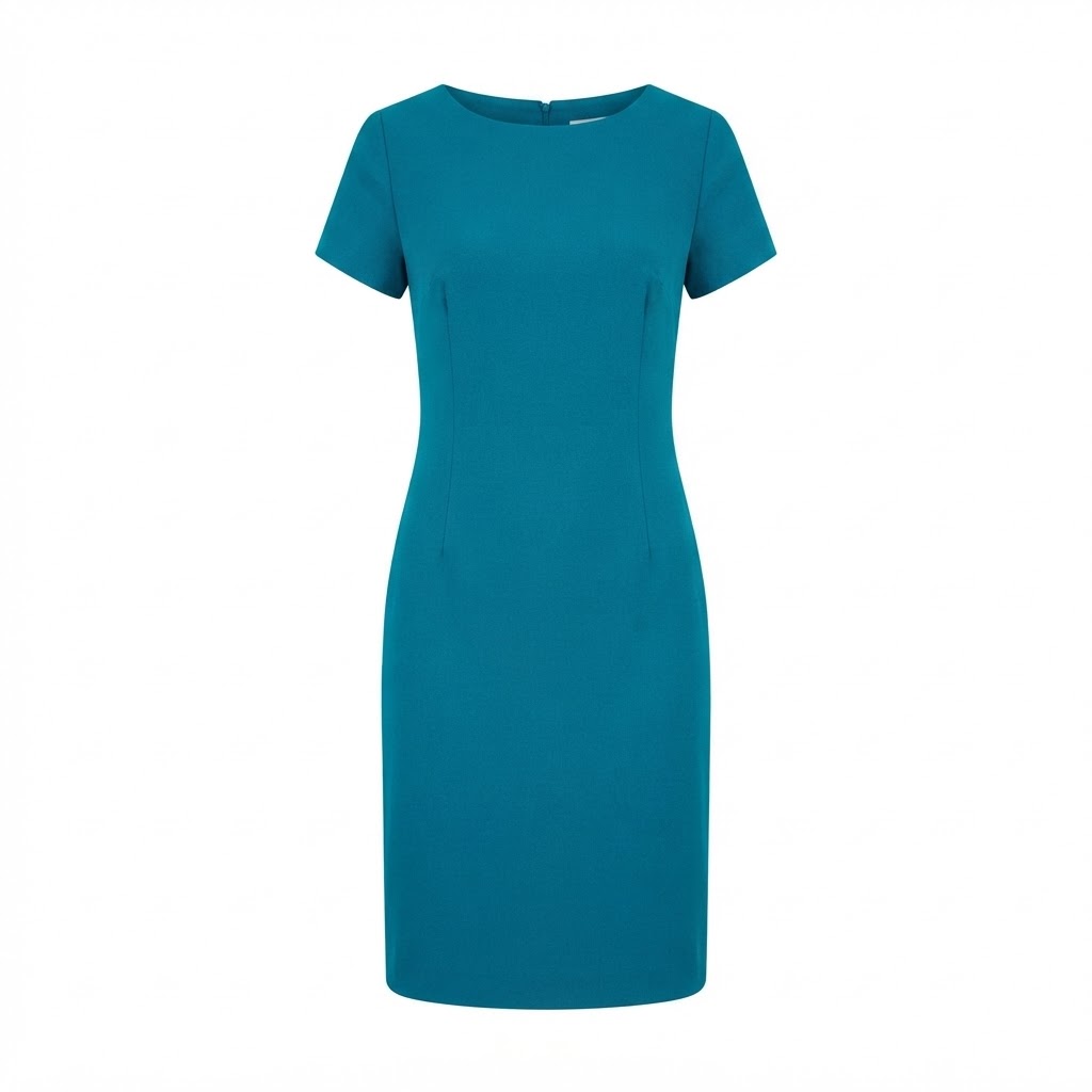 Rochie dama bleumarin midi cu maneca scurta si croiala dreapta pe fundal alb Rochie dama bleumarin midi cu maneca scurta si croiala dreapta pe fundal alb