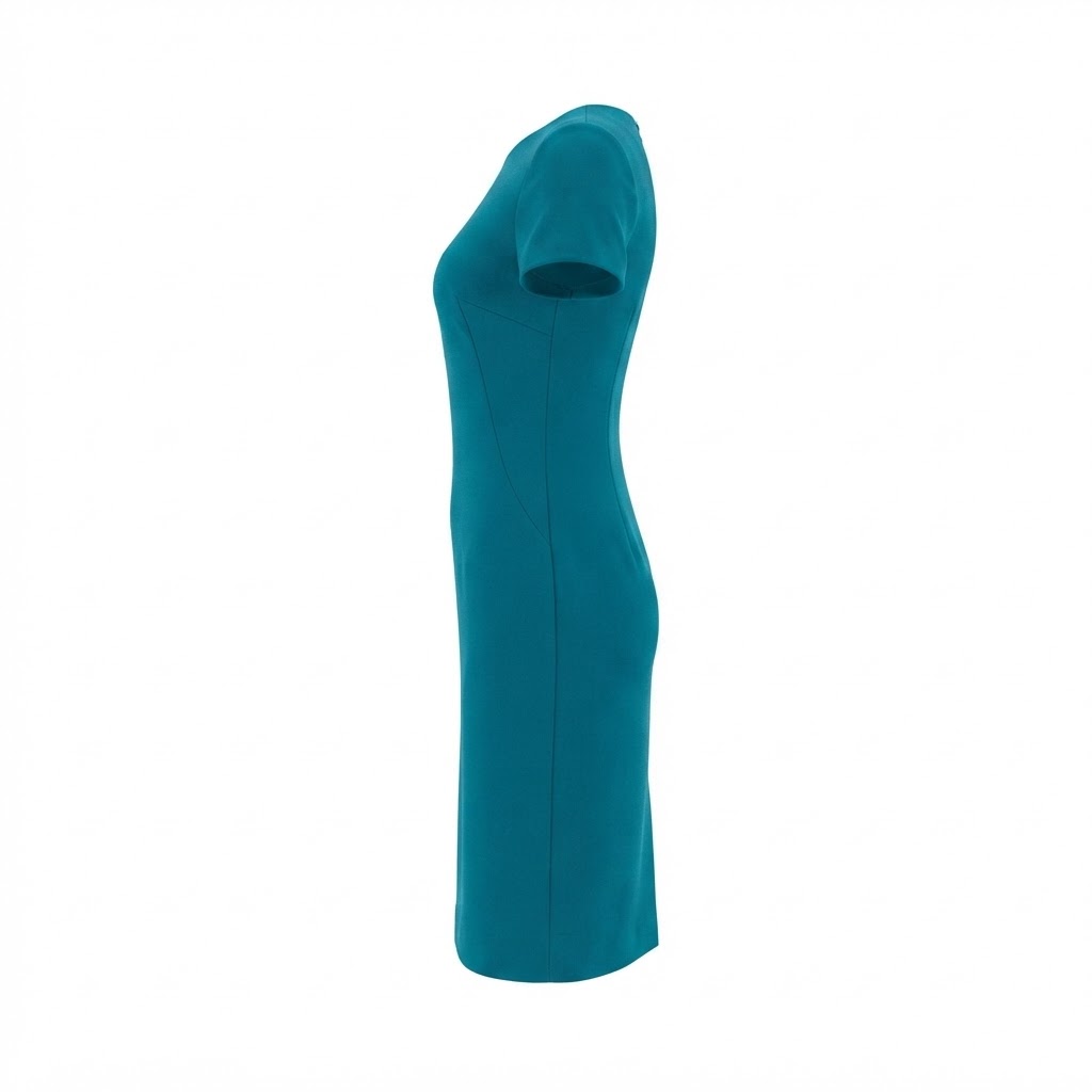 Rochie dama bleumarin midi cu maneca scurta si croiala dreapta pe fundal alb