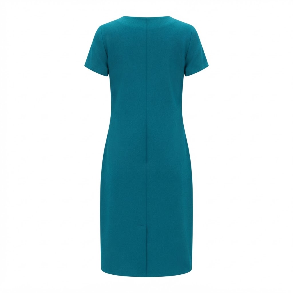 Rochie dama bleumarin midi cu maneca scurta si croiala dreapta pe fundal alb