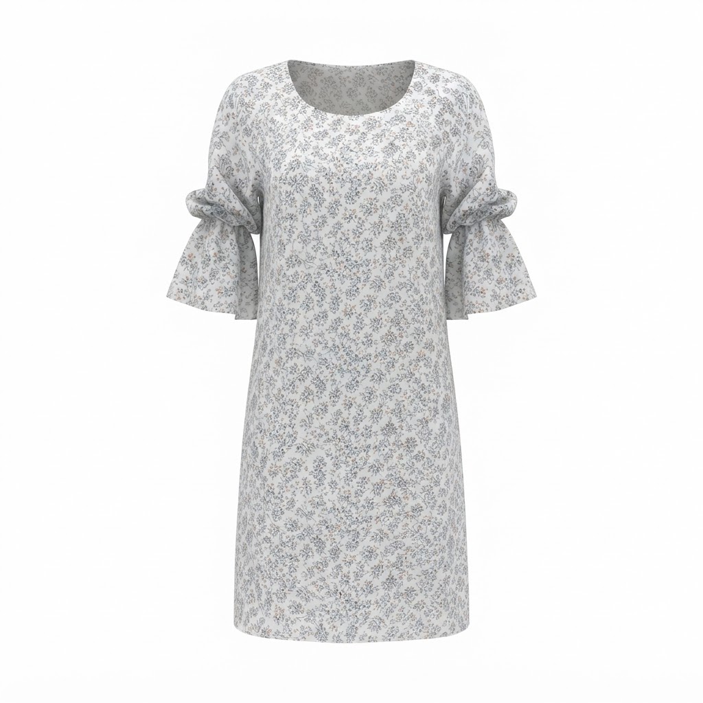 Rochie scurta alba de dama cu imprimeu floral mic si maneci evazate Rochie scurta alba de dama cu imprimeu floral mic si maneci evazate
