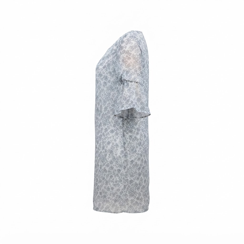 Rochie scurta alba de dama cu imprimeu floral mic si maneci evazate
