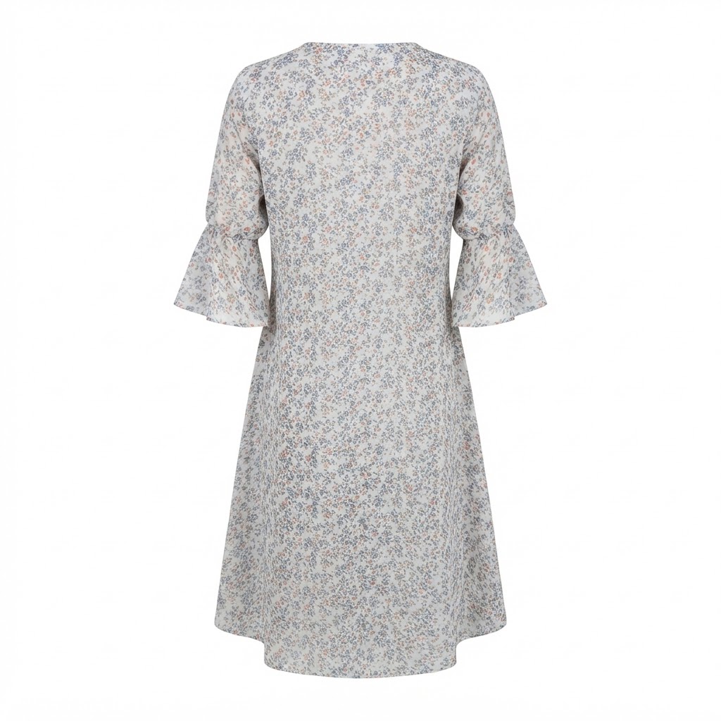 Rochie scurta alba de dama cu imprimeu floral mic si maneci evazate
