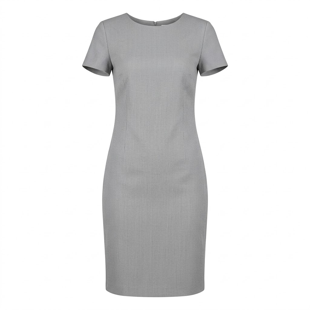 Rochie dama gri cu dungi fine, maneca scurta, decolteu rotund si croiala cambrata Rochie dama gri cu dungi fine, maneca scurta, decolteu rotund si croiala cambrata