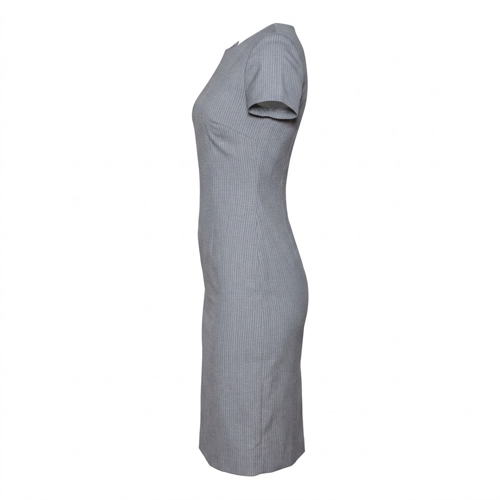 Rochie dama gri cu dungi fine, maneca scurta, decolteu rotund si croiala cambrata