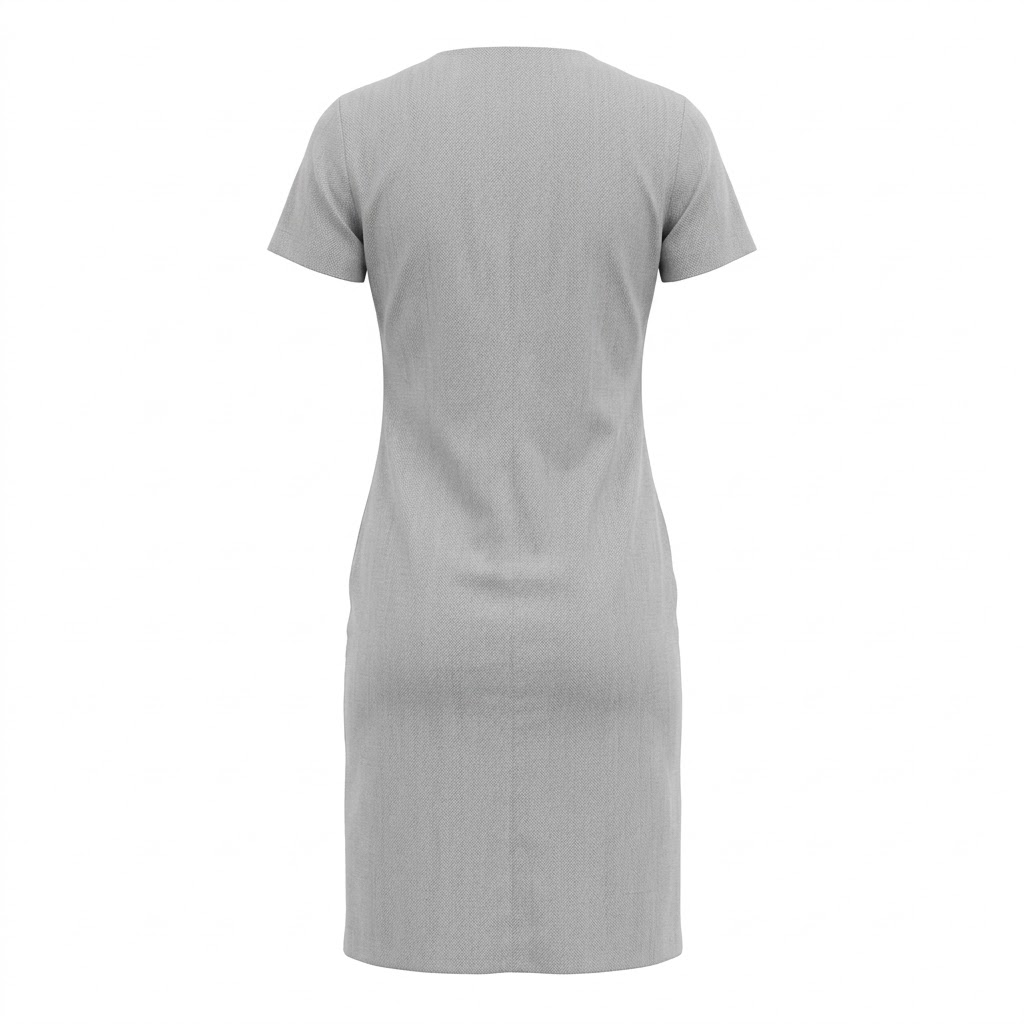 Rochie dama gri cu dungi fine, maneca scurta, decolteu rotund si croiala cambrata