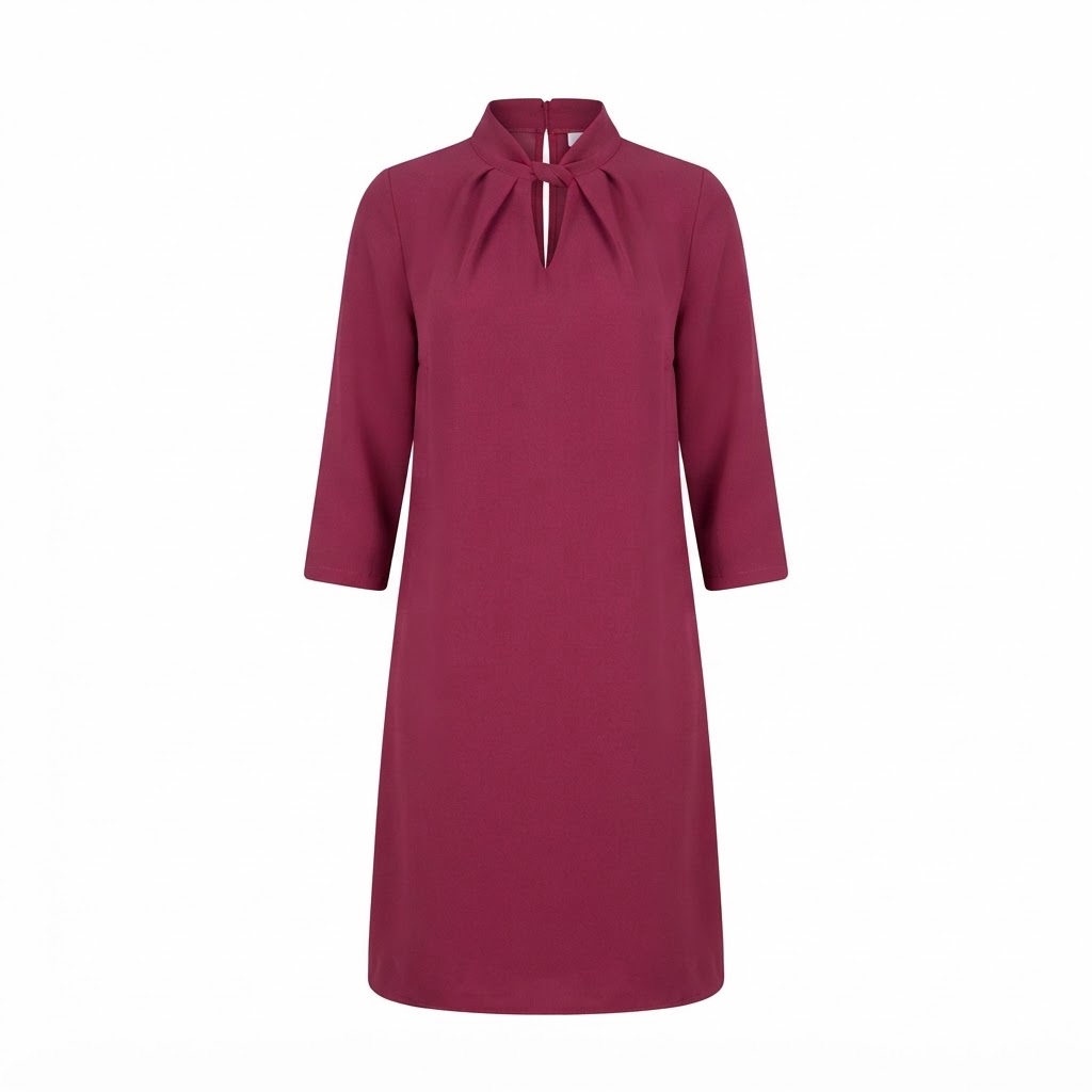 Rochie dama magenta midi cu guler inalt si pliuri frontale Rochie dama magenta midi cu guler inalt si pliuri frontale