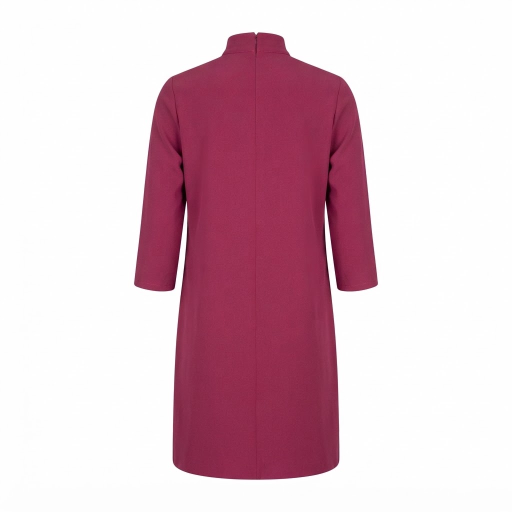 Rochie dama magenta midi cu guler inalt si pliuri frontale